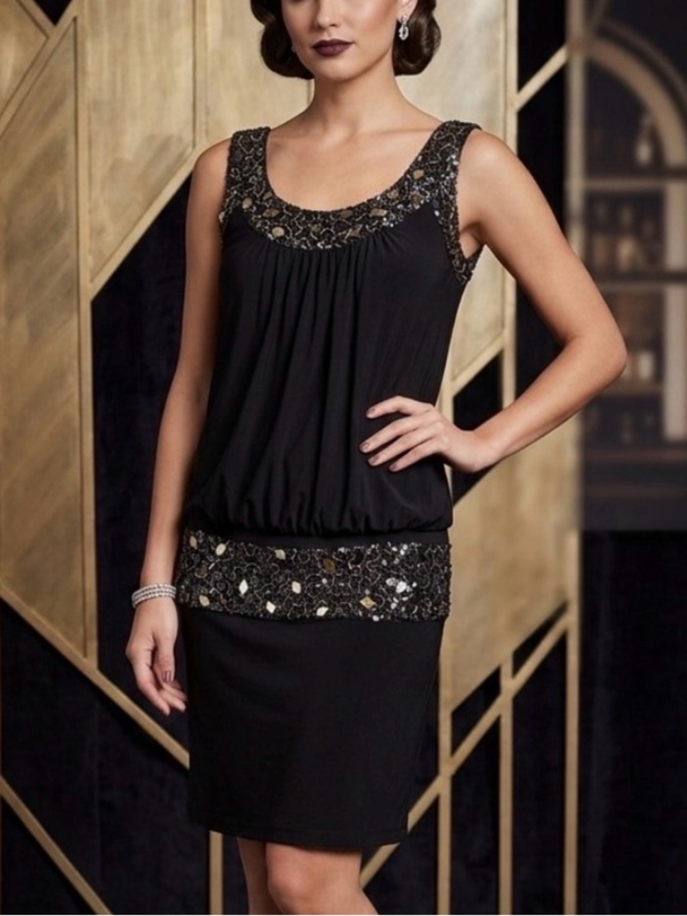 Sue Wong Nocturne Y2K Black Beaded Sequin Drop Waist Cocktail Dress 4 Gatsby LBD